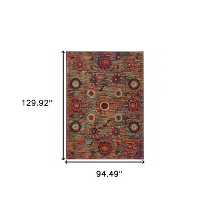 8' X 11' Red Gold Orange Green Ivory Rust And Blue Floral Power Loom Stain Resistant Area Rug