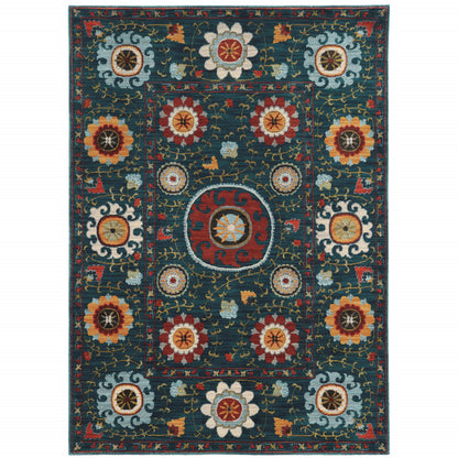 6' X 9' Teal Blue Rust Gold And Ivory Floral Power Loom Stain Resistant Area Rug