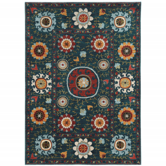 6' X 9' Teal Blue Rust Gold And Ivory Floral Power Loom Stain Resistant Area Rug