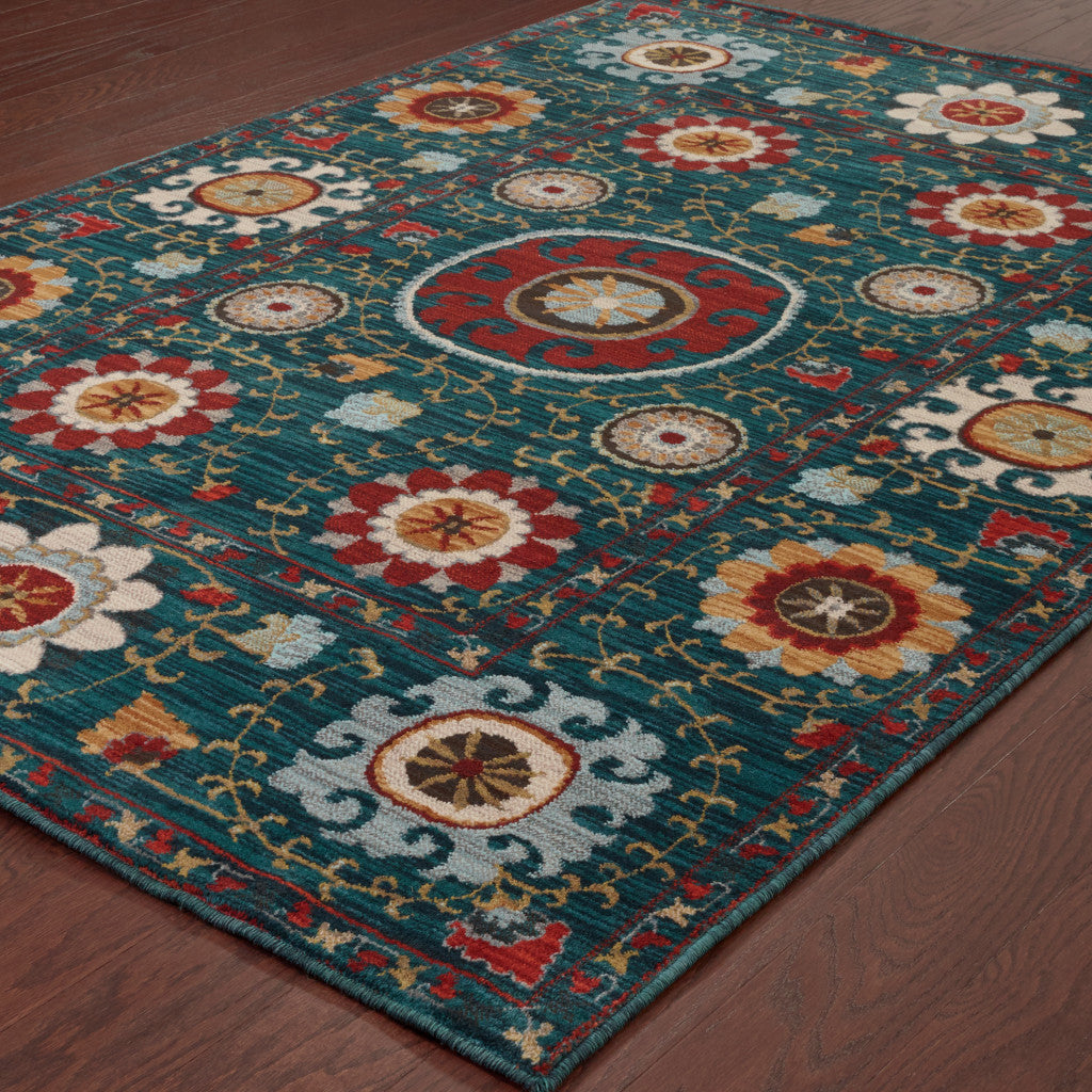 6' X 9' Teal Blue Rust Gold And Ivory Floral Power Loom Stain Resistant Area Rug