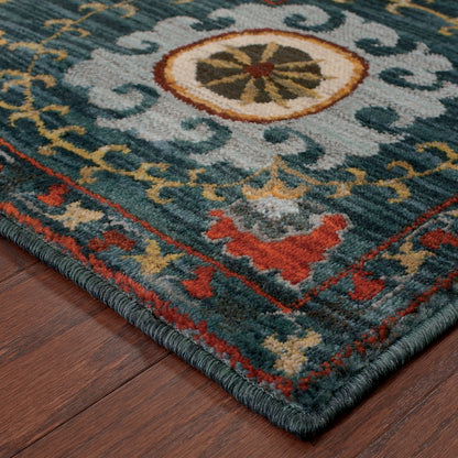 8' X 11' Teal Blue Rust Gold And Ivory Floral Power Loom Stain Resistant Area Rug