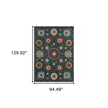 8' X 11' Teal Blue Rust Gold And Ivory Floral Power Loom Stain Resistant Area Rug