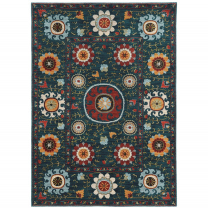 10' X 13' Teal Blue Rust Gold And Ivory Floral Power Loom Stain Resistant Area Rug