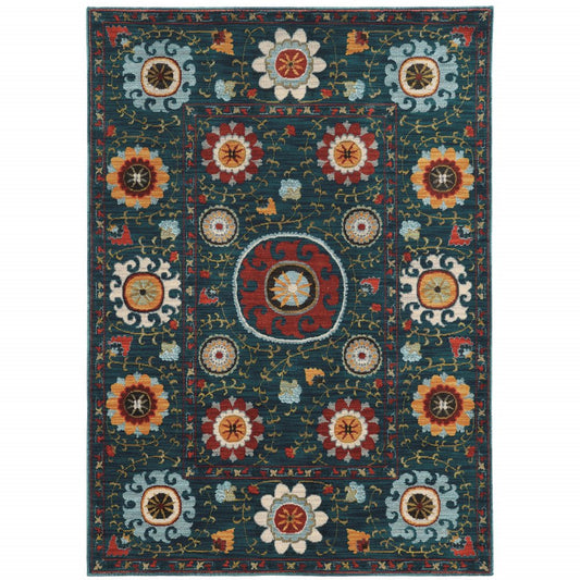10' X 13' Teal Blue Rust Gold And Ivory Floral Power Loom Stain Resistant Area Rug