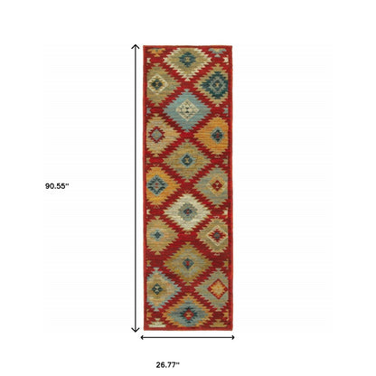 2' X 8' Red Green Gold Blue Teal And Ivory Geometric Power Loom Stain Resistant Runner Rug