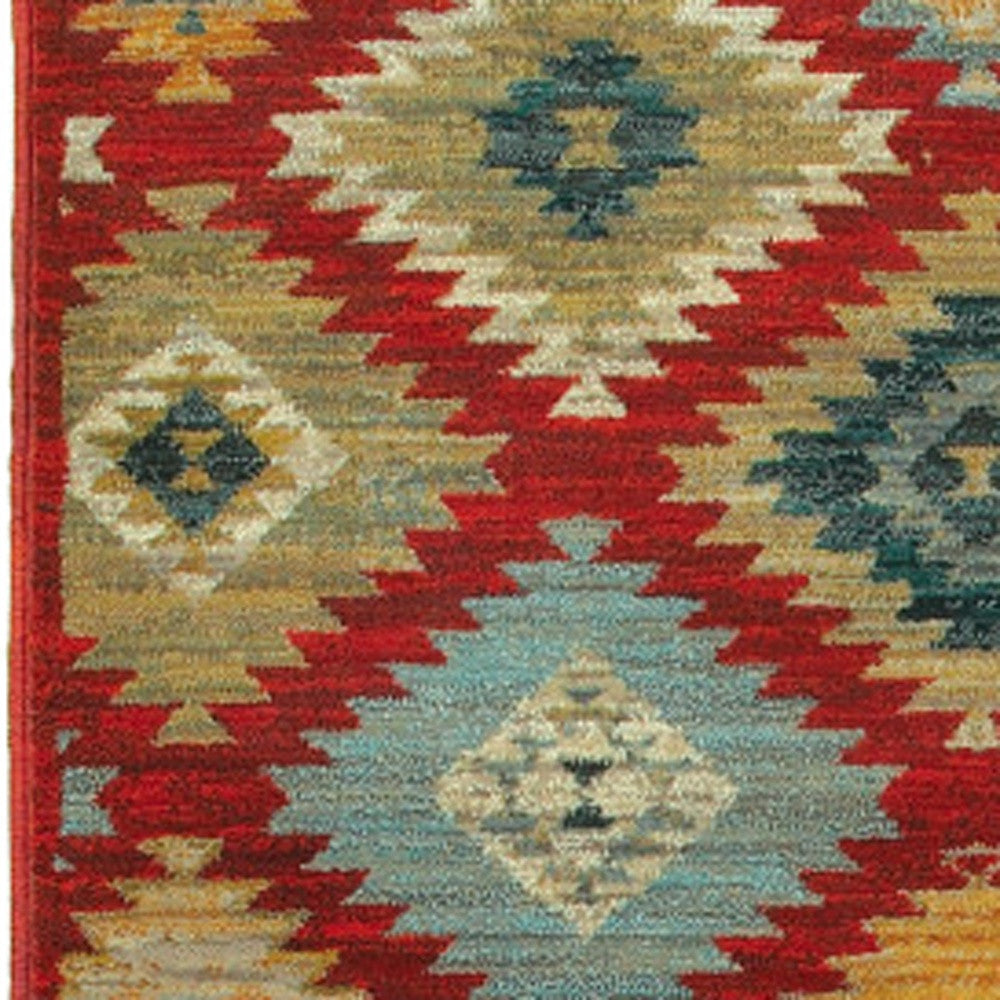 2' X 8' Red Green Gold Blue Teal And Ivory Geometric Power Loom Stain Resistant Runner Rug