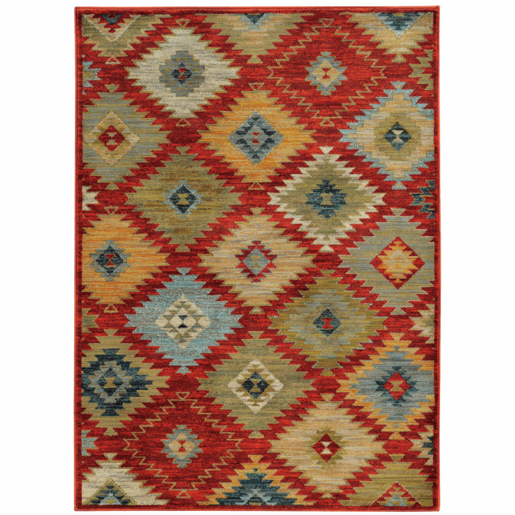 5' X 8' Red Green Gold Blue Teal And Ivory Geometric Power Loom Stain Resistant Area Rug