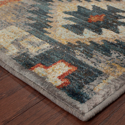 2' X 3' Blue Teal Grey Orange Gold Ivory And Rust Geometric Power Loom Stain Resistant Area Rug