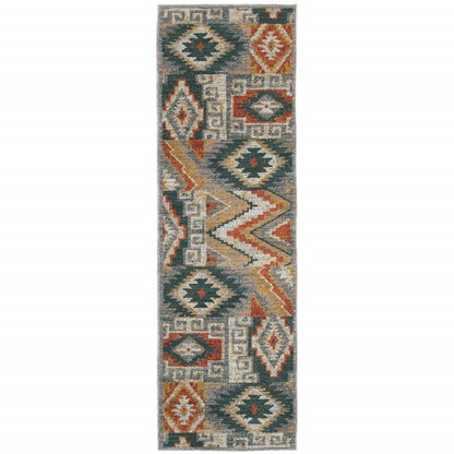 2' X 8' Blue Teal Grey Orange Gold Ivory And Rust Geometric Power Loom Stain Resistant Runner Rug