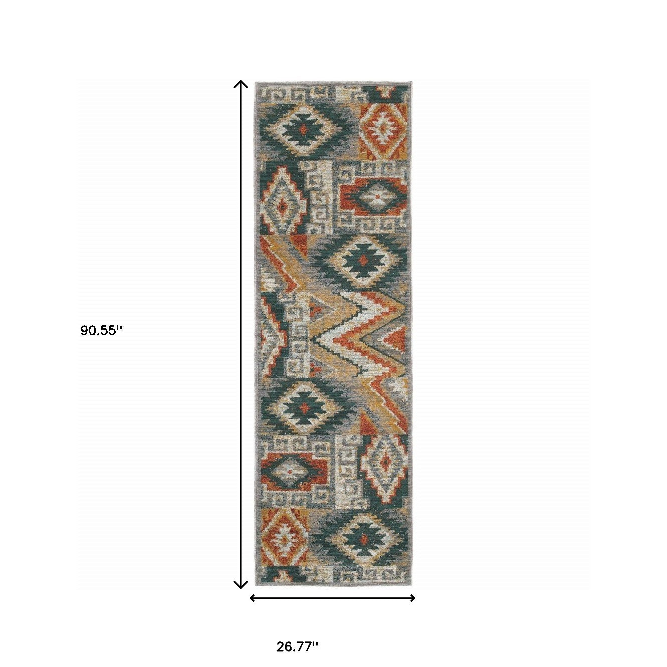 2' X 8' Blue Teal Grey Orange Gold Ivory And Rust Geometric Power Loom Stain Resistant Runner Rug