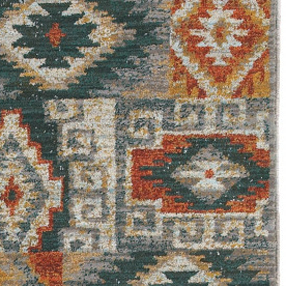 2' X 8' Blue Teal Grey Orange Gold Ivory And Rust Geometric Power Loom Stain Resistant Runner Rug