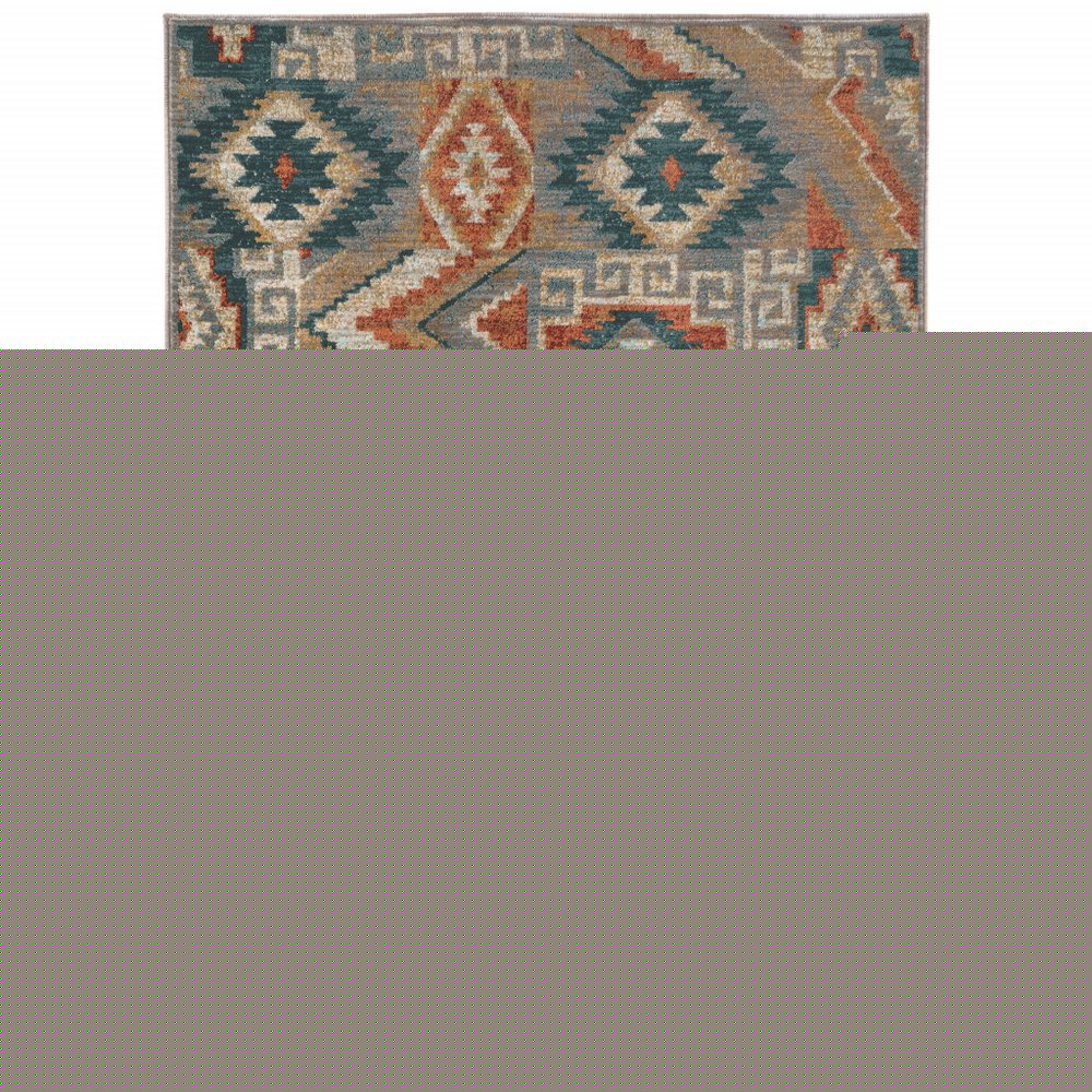 4' X 6' Blue Teal Grey Orange Gold Ivory And Rust Geometric Power Loom Stain Resistant Area Rug