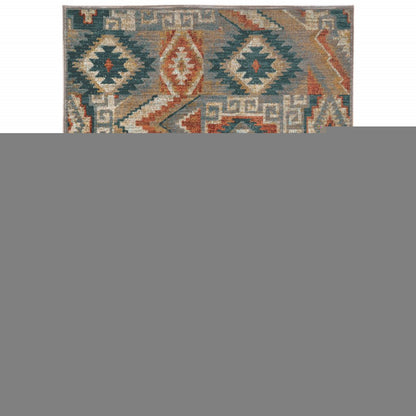 4' X 6' Blue Teal Grey Orange Gold Ivory And Rust Geometric Power Loom Stain Resistant Area Rug