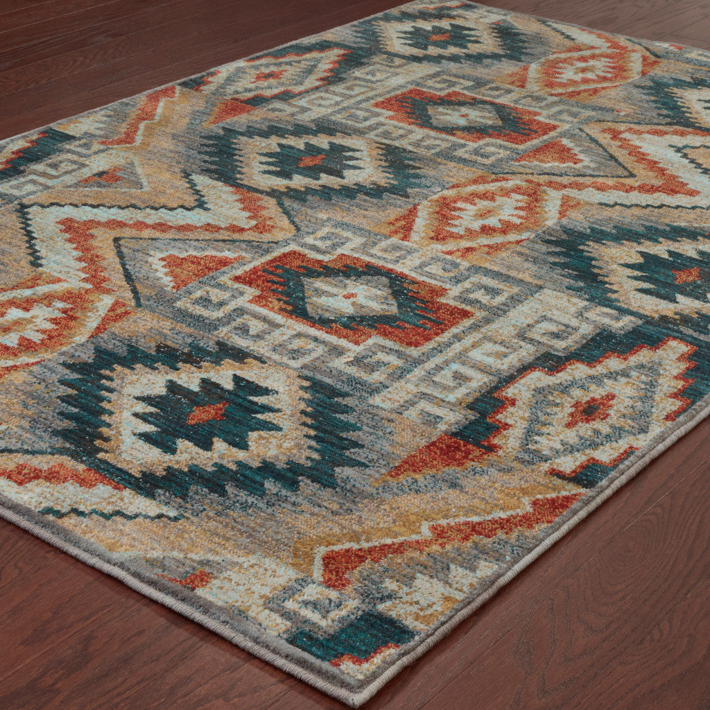 4' X 6' Blue Teal Grey Orange Gold Ivory And Rust Geometric Power Loom Stain Resistant Area Rug