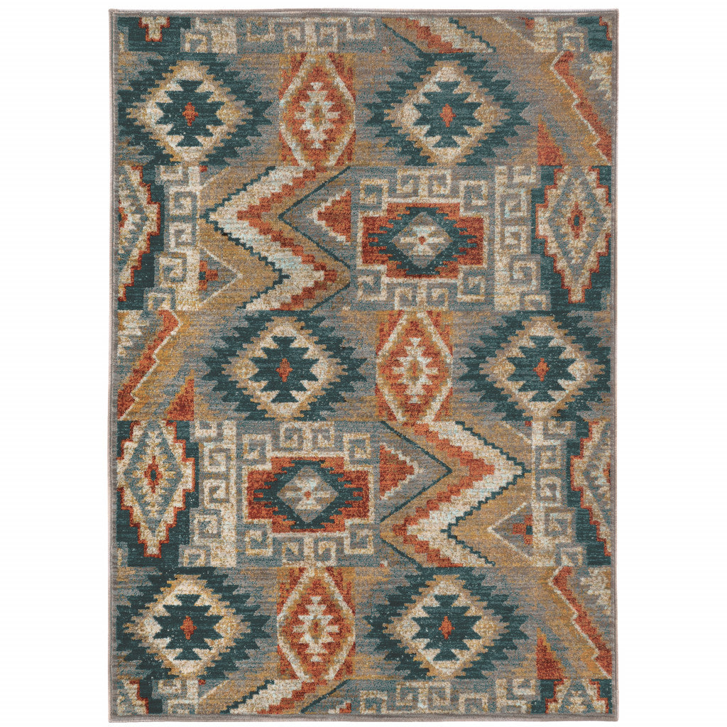 6' X 9' Blue Teal Grey Orange Gold Ivory And Rust Geometric Power Loom Stain Resistant Area Rug