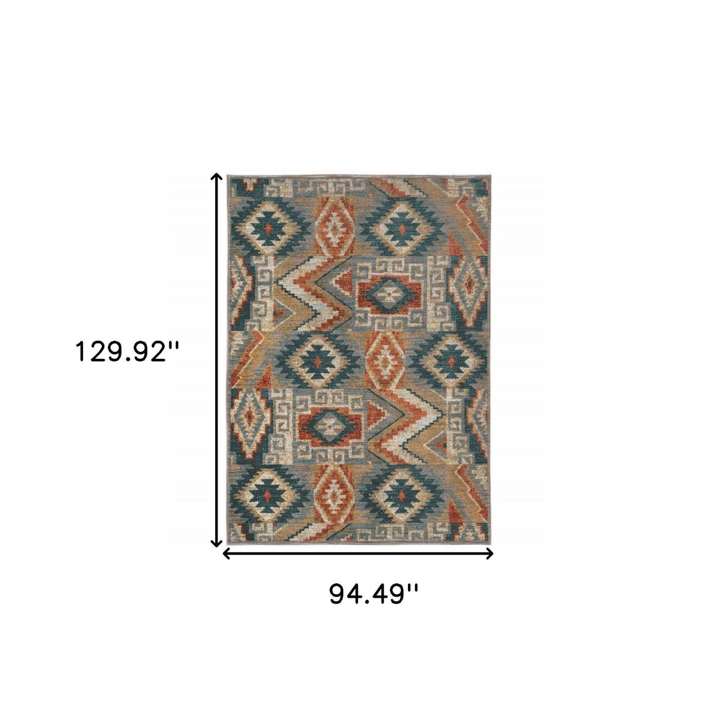 8' X 11' Blue Teal Grey Orange Gold Ivory And Rust Geometric Power Loom Stain Resistant Area Rug