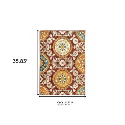 2' X 3' Red Gold Teal Grey Ivory And Blue Oriental Power Loom Stain Resistant Area Rug