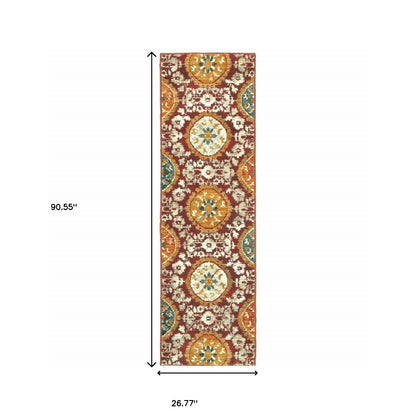 2' X 8' Red Gold Teal Grey Ivory And Blue Oriental Power Loom Stain Resistant Runner Rug