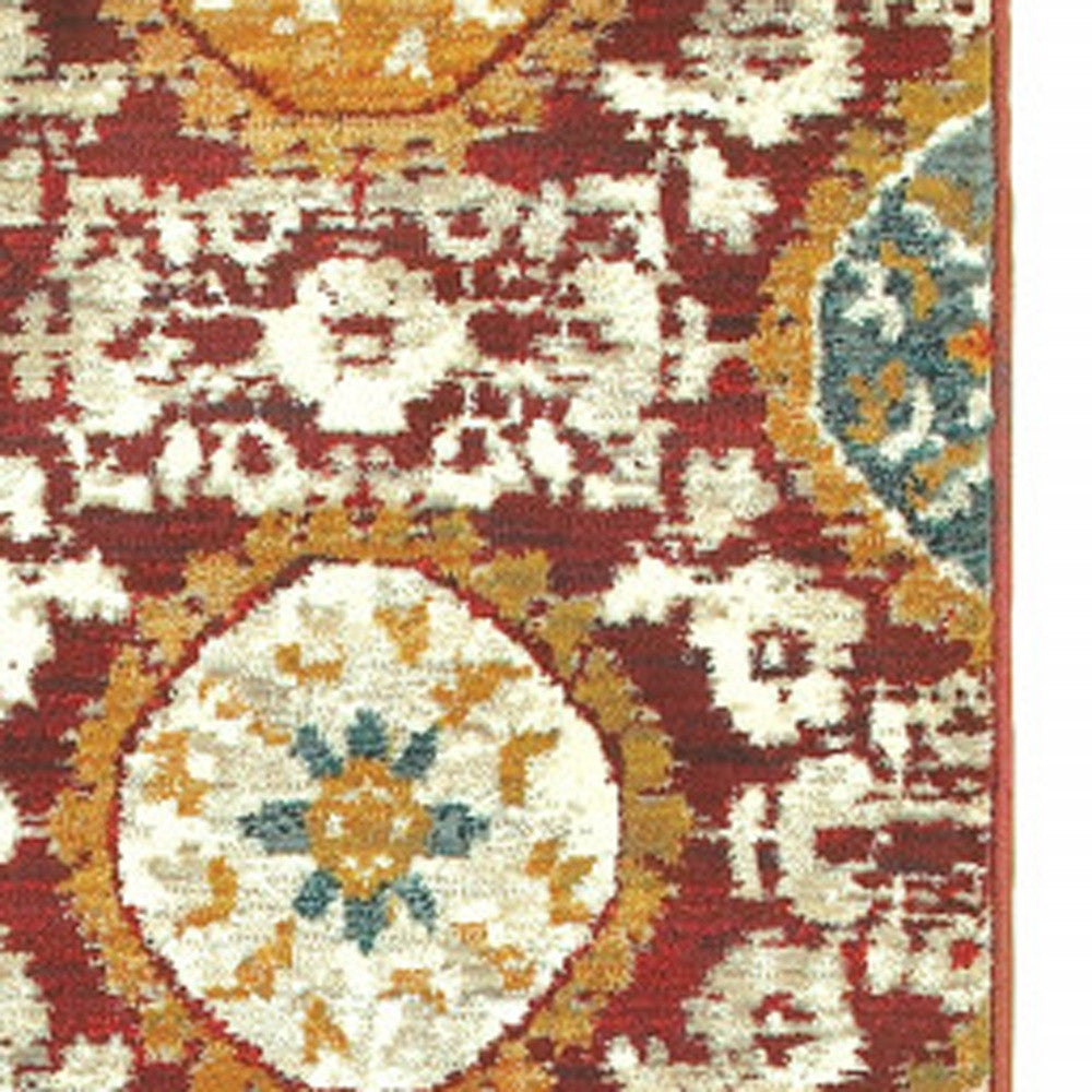 2' X 8' Red Gold Teal Grey Ivory And Blue Oriental Power Loom Stain Resistant Runner Rug