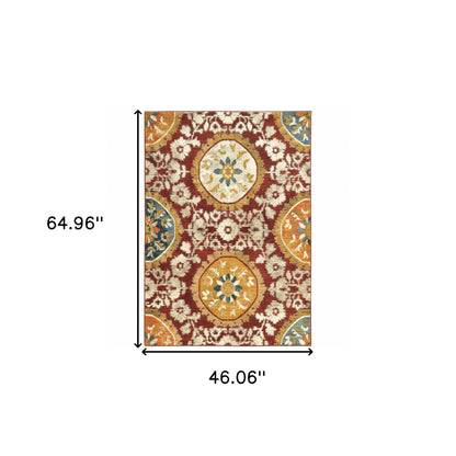 4' X 6' Red Gold Teal Grey Ivory And Blue Oriental Power Loom Stain Resistant Area Rug