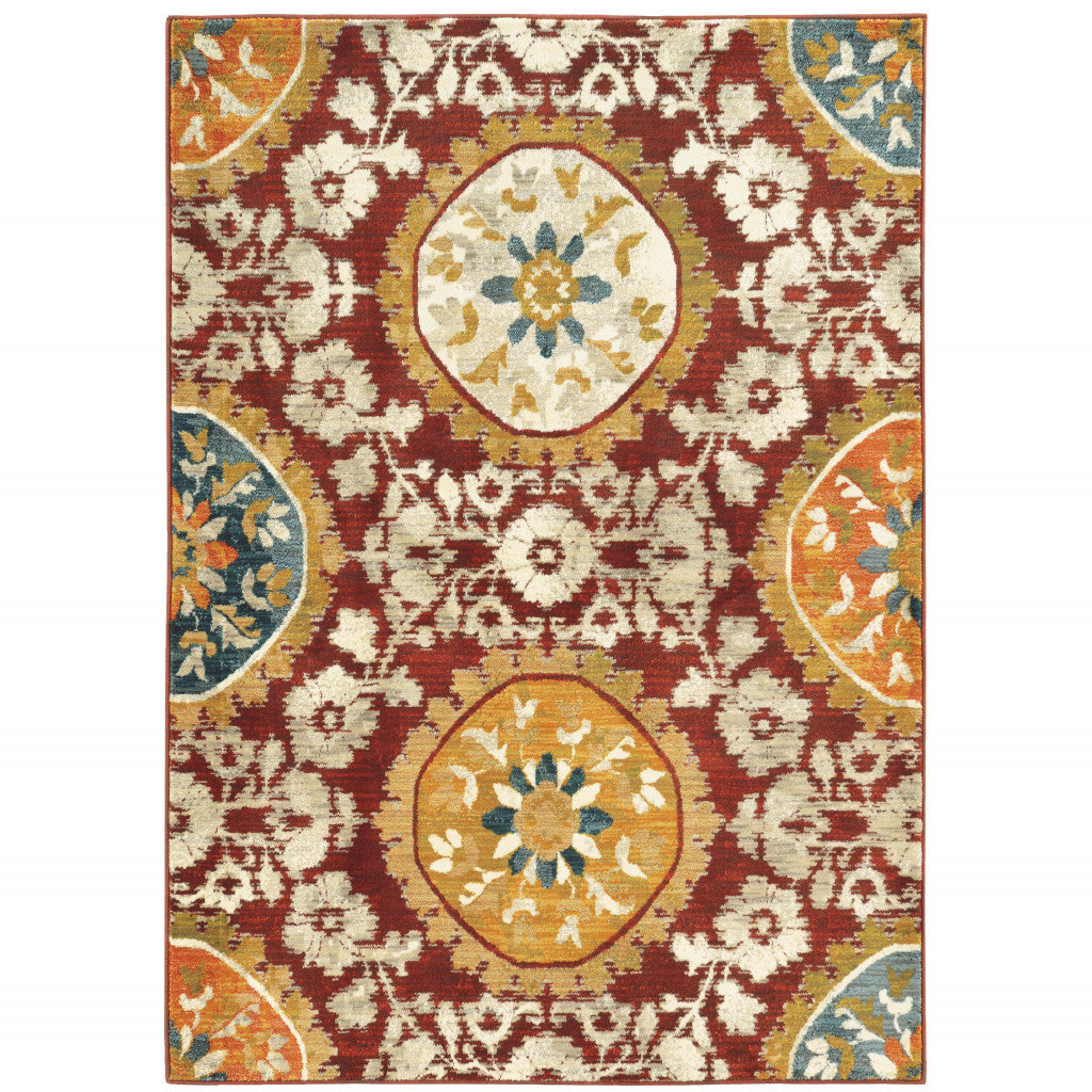 8' X 11' Red Gold Teal Grey Ivory And Blue Oriental Power Loom Stain Resistant Area Rug