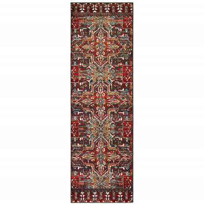 2' X 8' Red Orange Blue And Grey Southwestern Power Loom Stain Resistant Runner Rug