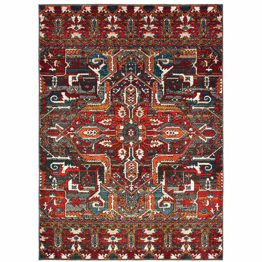 5' X 8' Red Orange Southwestern Power Loom Stain Resistant Area Rug