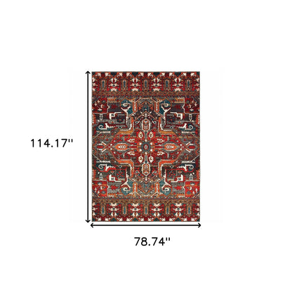 6' X 9' Red Orange Blue And Grey Southwestern Power Loom Stain Resistant Area Rug