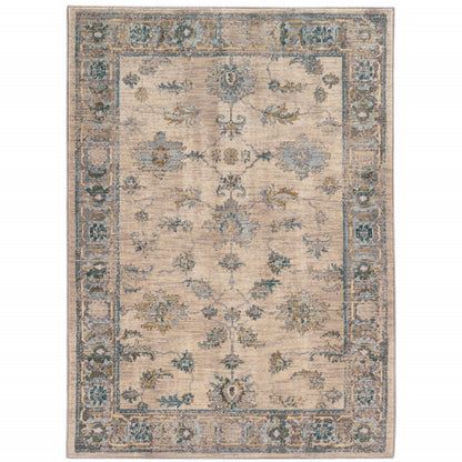 8' X 11' Ivory Blue Gold And Grey Oriental Power Loom Stain Resistant Area Rug