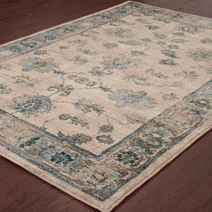 8' X 11' Ivory Blue Gold And Grey Oriental Power Loom Stain Resistant Area Rug