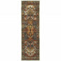 2' X 8' Red Gold Orange Green Ivory Rust And Blue Oriental Power Loom Stain Resistant Runner Rug