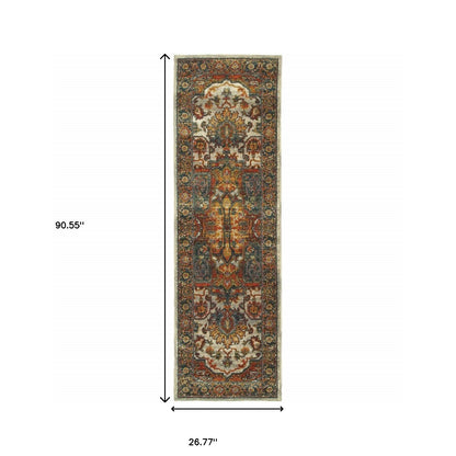 2' X 8' Red Gold Orange Green Ivory Rust And Blue Oriental Power Loom Stain Resistant Runner Rug