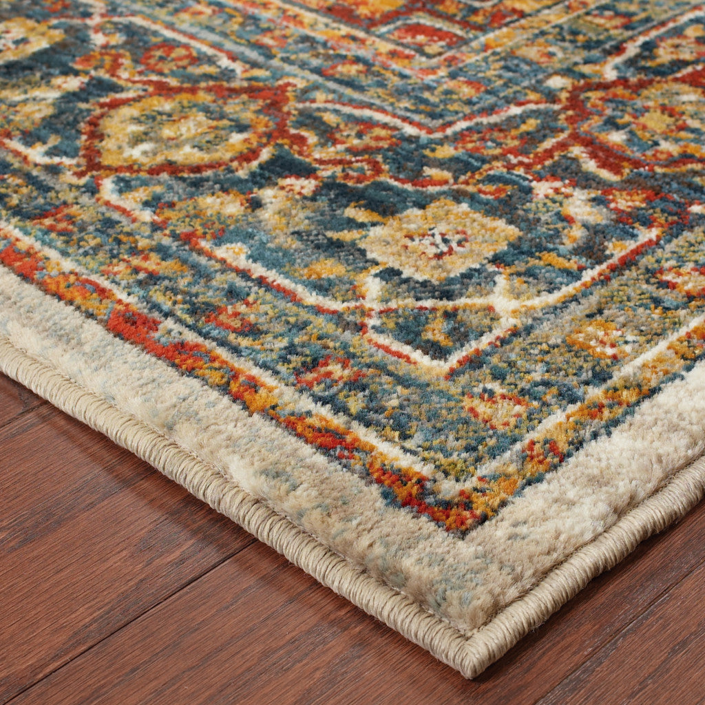 2' X 8' Red Gold Orange Green Ivory Rust And Blue Oriental Power Loom Stain Resistant Runner Rug