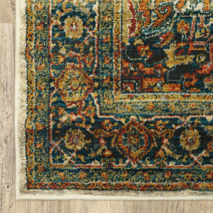 2' X 8' Red Gold Orange Green Ivory Rust And Blue Oriental Power Loom Stain Resistant Runner Rug