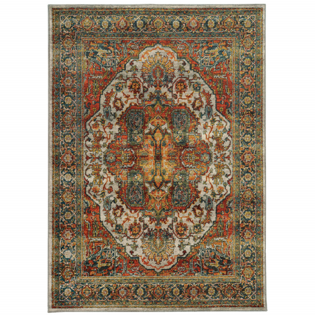 8' X 11' Red Gold Orange Green Ivory Rust And Blue Oriental Power Loom Stain Resistant Area Rug