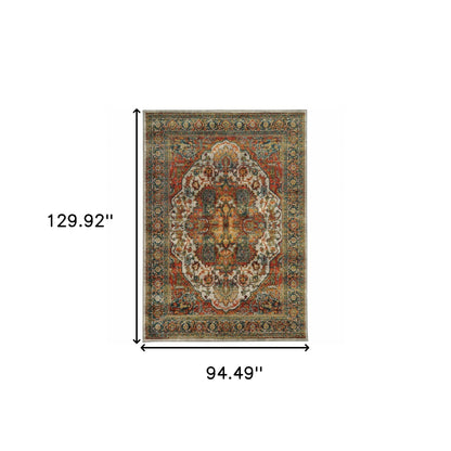 8' X 11' Red Gold Orange Green Ivory Rust And Blue Oriental Power Loom Stain Resistant Area Rug