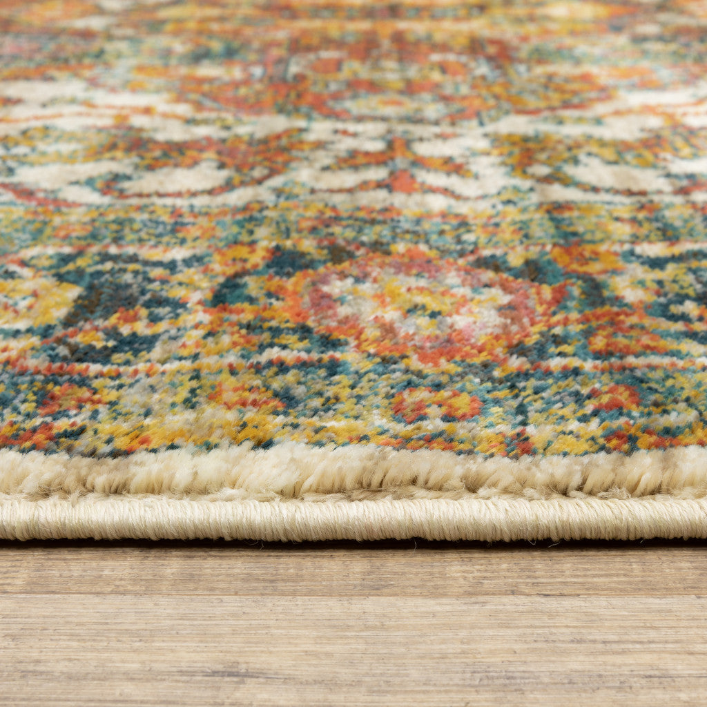 8' X 11' Red Gold Orange Green Ivory Rust And Blue Oriental Power Loom Stain Resistant Area Rug