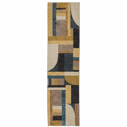 8' Runner Blue and Beige Geometric Power Loom Runner Rug