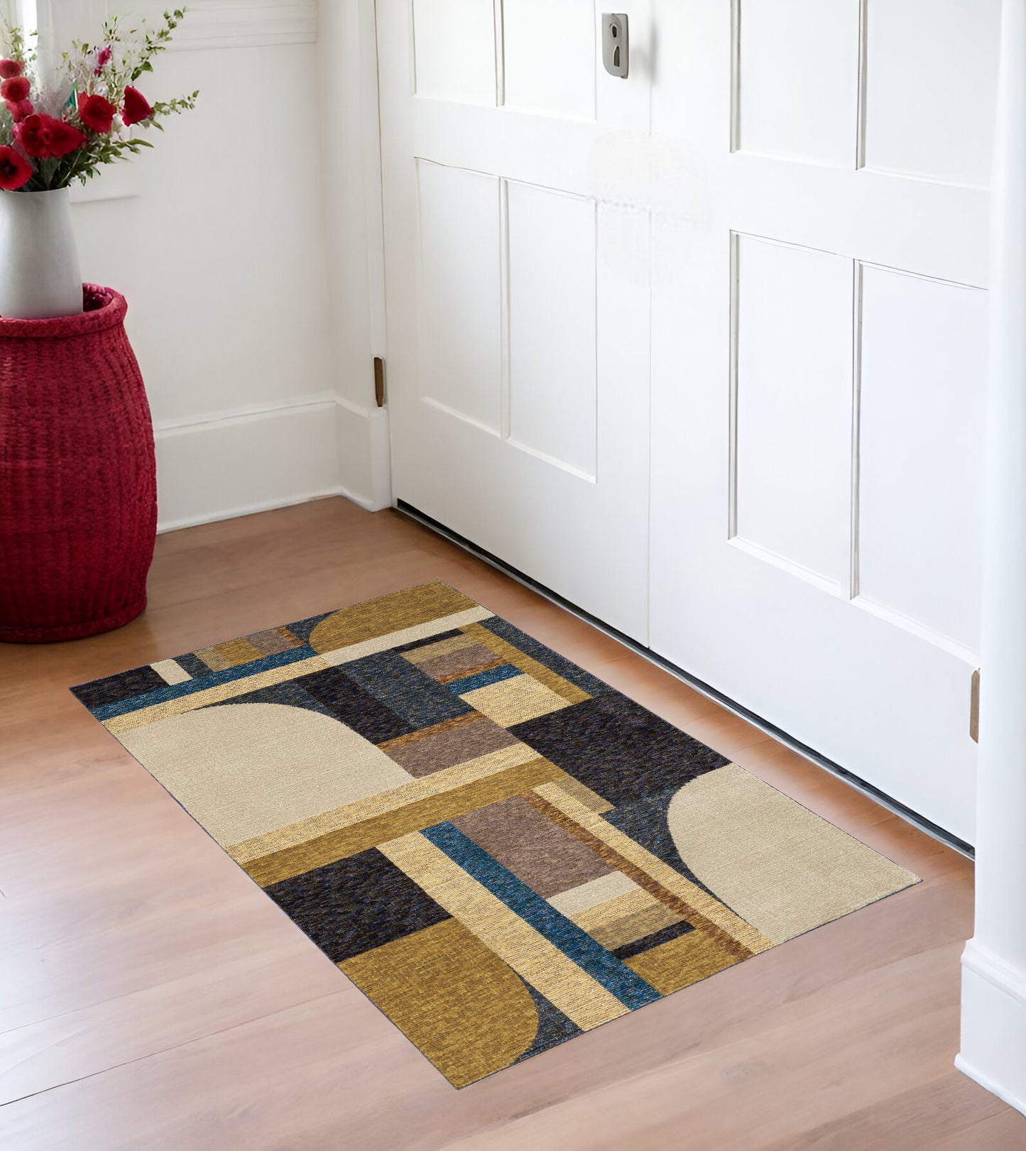 3' X 5' Blue and Beige Geometric Power Loom Area Rug