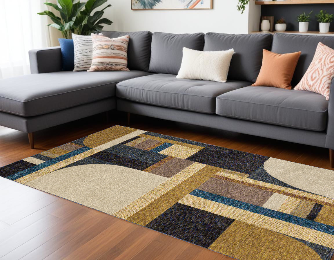 7' X 10' Blue and Beige Geometric Power Loom Area Rug