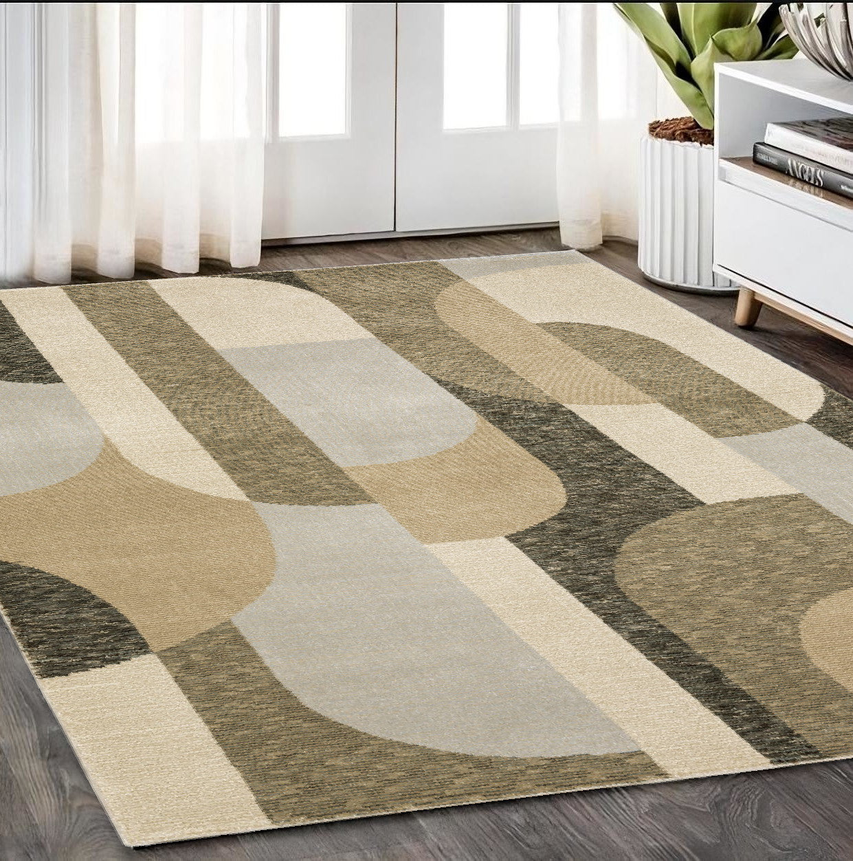 5' X 7' Brown and Ivory Geometric Power Loom Area Rug