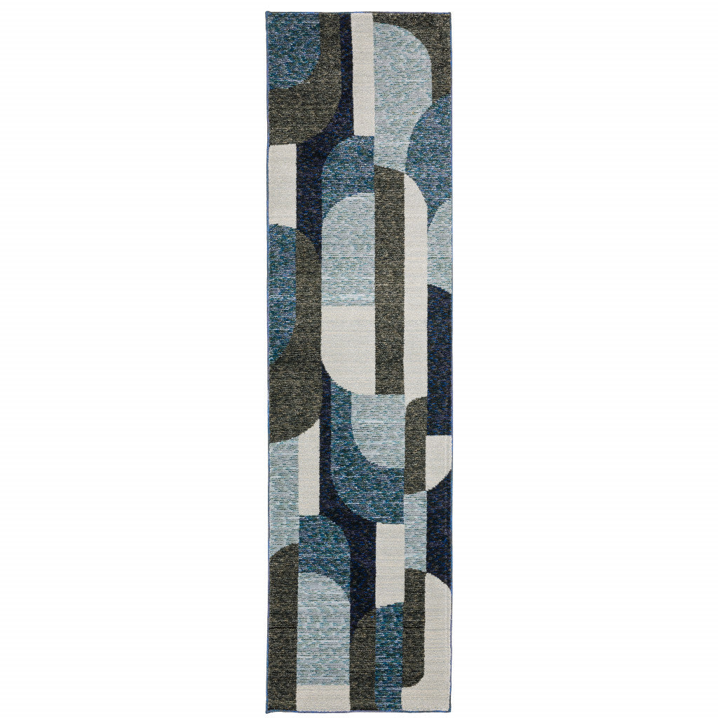 8' Runner Blue and Ivory Geometric Power Loom Runner Rug