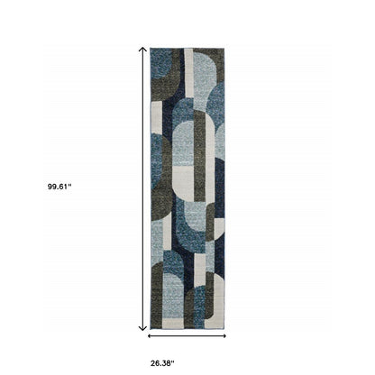 8' Runner Blue and Ivory Geometric Power Loom Runner Rug