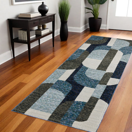 8' Runner Blue and Ivory Geometric Power Loom Runner Rug