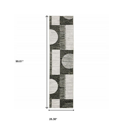 8' Gray And Ivory Geometric Runner Rug