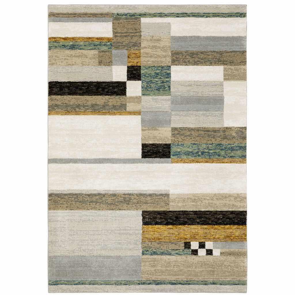 10' X 13' Beige Gold Black Grey Tan Teal and Rust Geometric Power Loom Area Rug