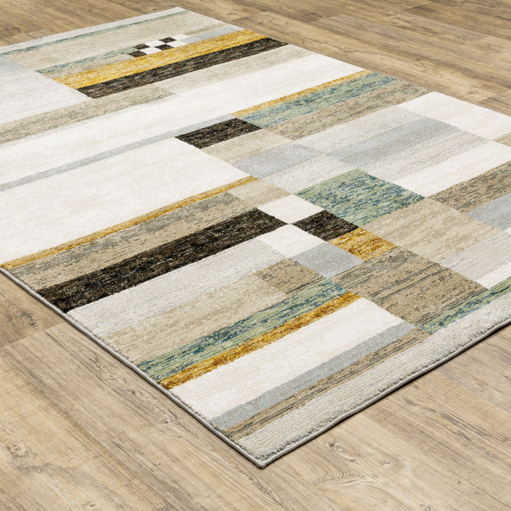 10' X 13' Beige Gold Black Grey Tan Teal and Rust Geometric Power Loom Area Rug