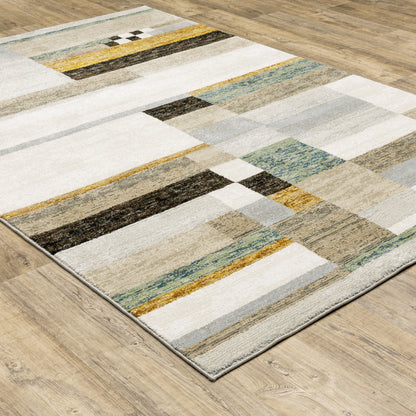 10' X 13' Beige Gold Black Grey Tan Teal and Rust Geometric Power Loom Area Rug