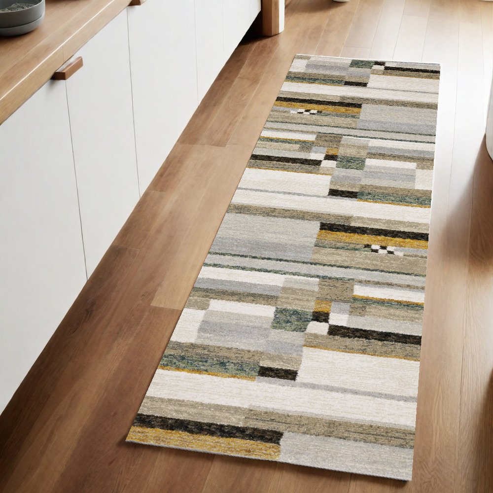 8' Black And Gray Geometric Runner Rug