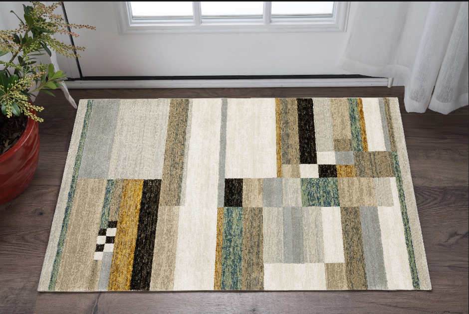 3' X 5' Beige Gold Black Grey Tan Teal and Rust Geometric Power Loom Area Rug